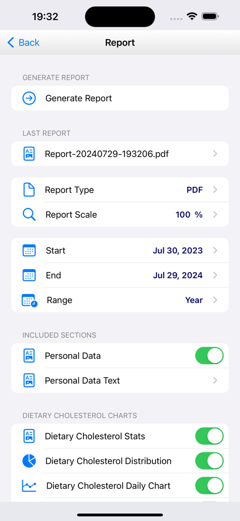 BCMon Pro - Einstellungen zum Generieren eines Cholesteringesundheitsberichts in BCMon Pro