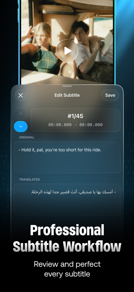 AutoSub - Video Translator - A professional subtitle editing screen showing English to Arabic translation on a video.