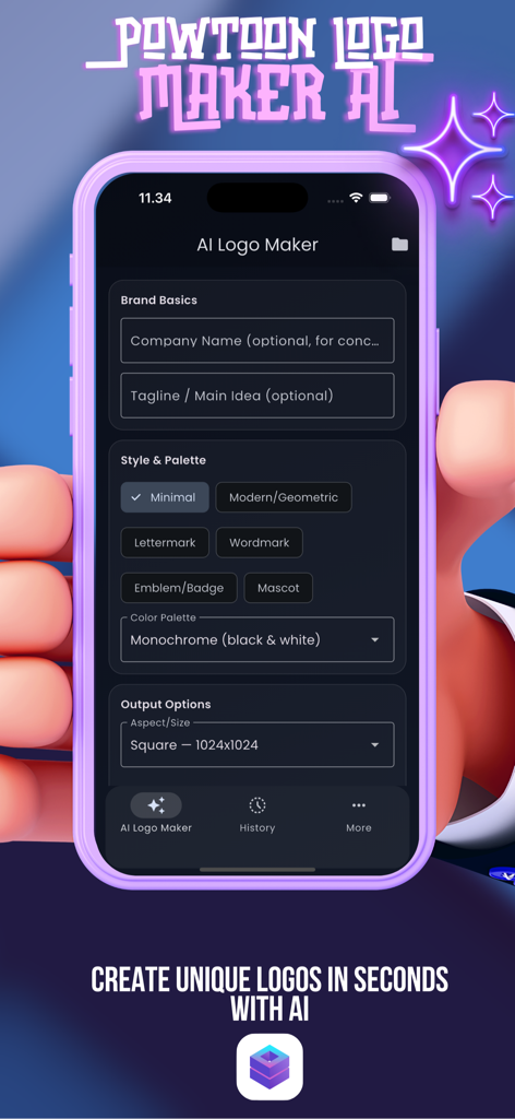 Powtoon AI : Generator Logo - Interfaz de la aplicación móvil Powtoon AI Logo Maker mostrando opciones de personalización para crear un logo de marca único