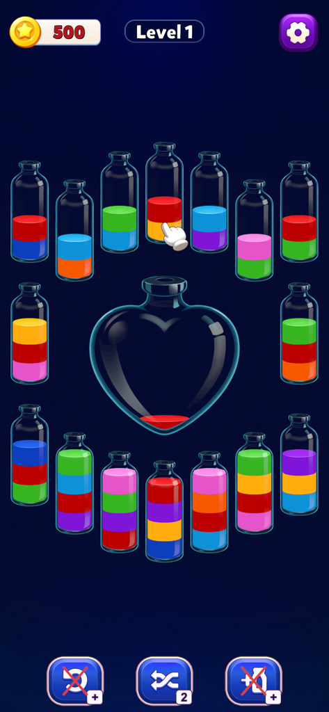 Gameplay screenshot of Water Sort Puzzle Order Up showing color sorting tubes and a heart shaped bottle