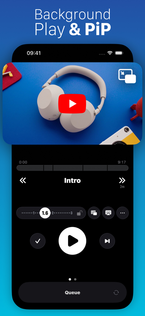 Unwatched for YouTube mobile app interface demonstrating background play and picture-in-picture features.