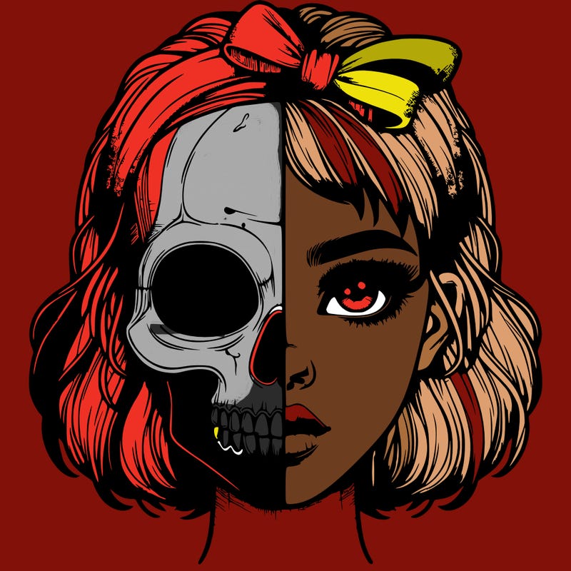 realistic girl with half skull mask