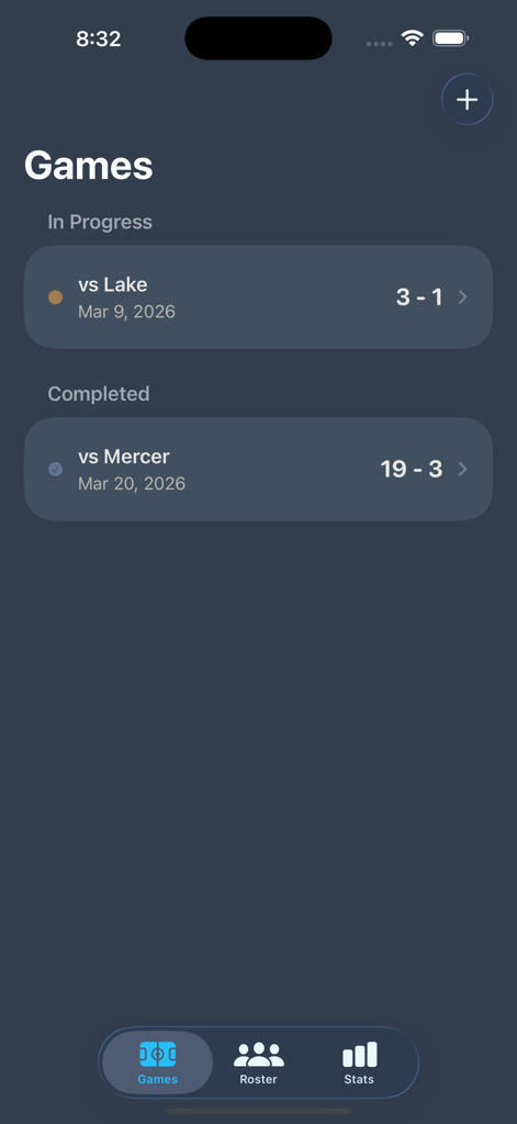 A list of in progress and completed lacrosse games in the Lacrosse Scorekeeper app