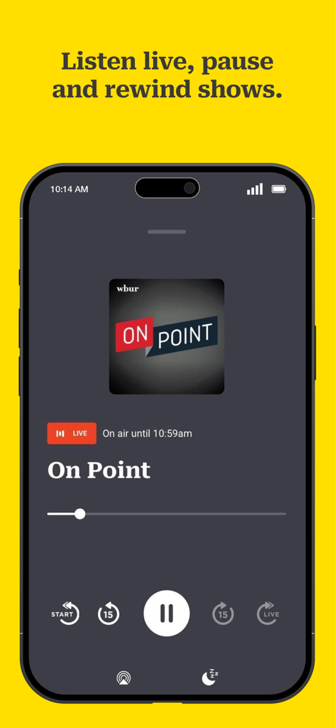 WBUR app player screen showing the On Point show with live radio controls