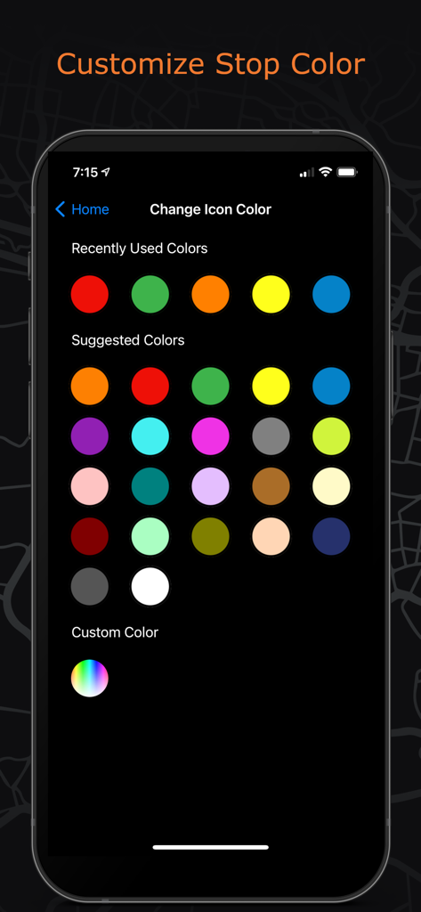 PlaceMaker Route Planner - PlaceMaker Route Planner mobile app screen showing a palette of colors to customize stop icon markers on a map