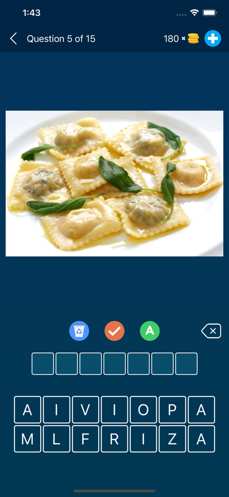Food Quiz: Guess the Food - A screenshot of the Food Quiz game featuring a level where the player must guess ravioli from a photo of the dish.