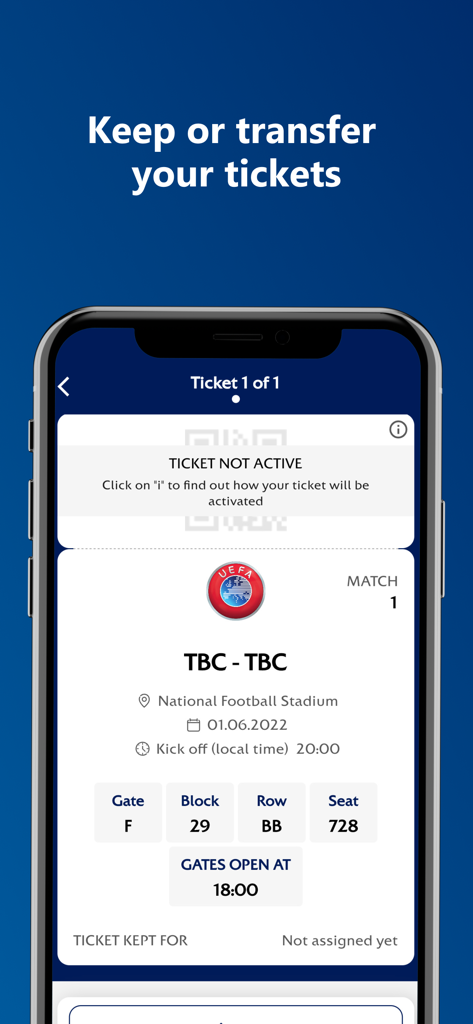 Screenshot of the UEFA Mobile Tickets app displaying a digital match ticket with seating details