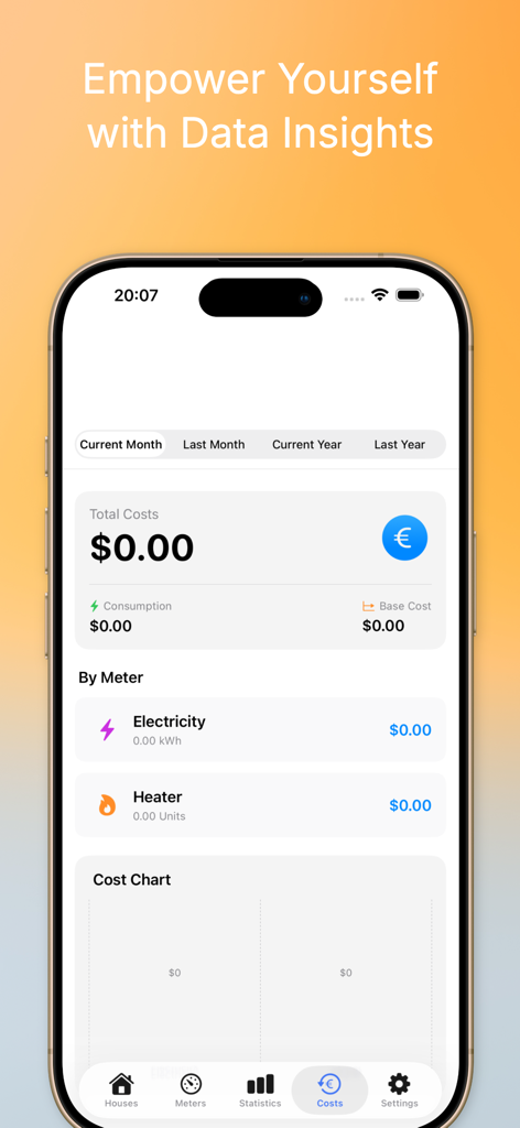 A mobile app dashboard showing utility cost summaries for electricity and heating