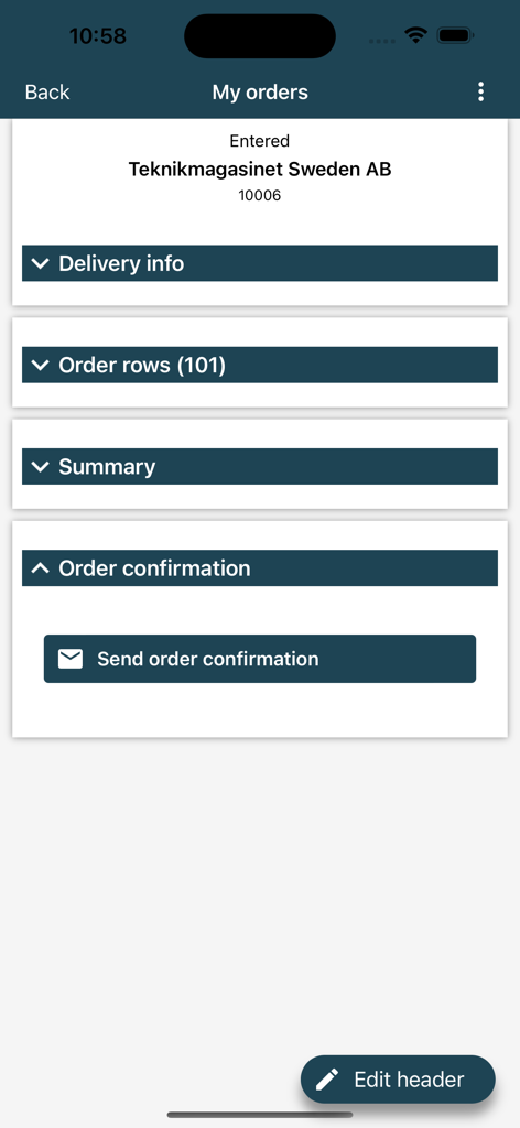 Jeeves ERP - Mobile interface of Jeeves ERP showing the My Orders screen with delivery info and order confirmation options