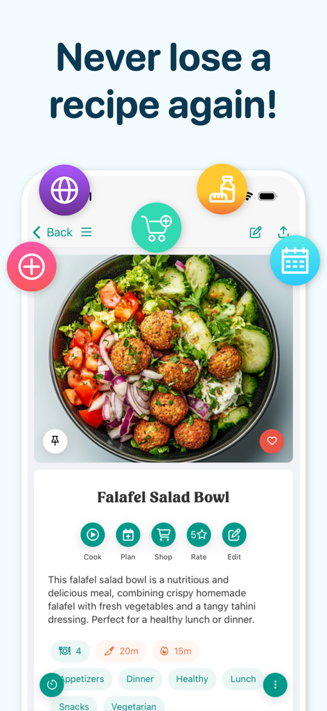 Interfaz de la aplicación CookBook que muestra una receta detallada de Falafel Salad Bowl con herramientas de planificación de comidas y compras.