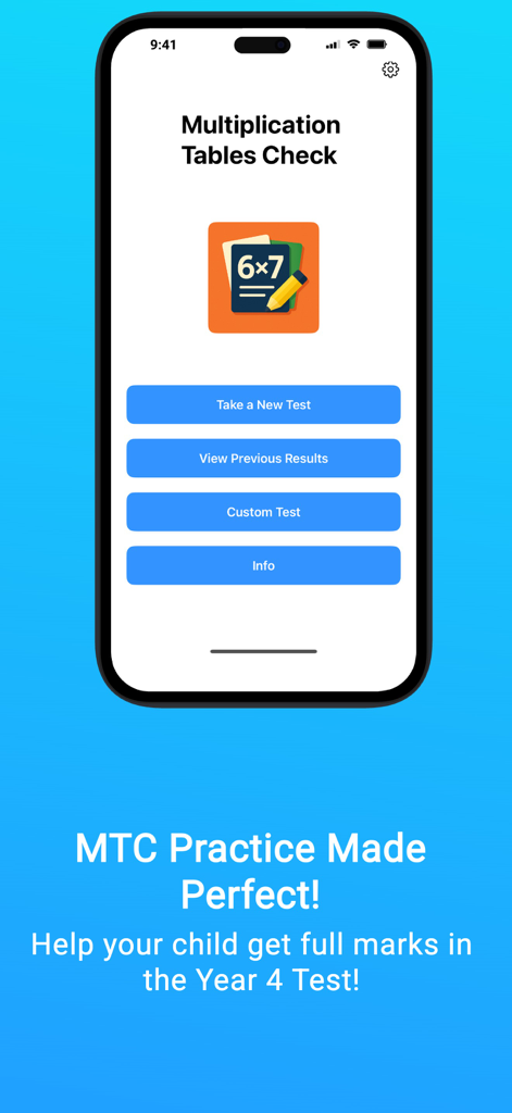 MTC Multiplication Check Pro - Pantalla de inicio de la aplicación MTC Multiplication Check Pro que muestra opciones para realizar una nueva prueba o ver resultados
