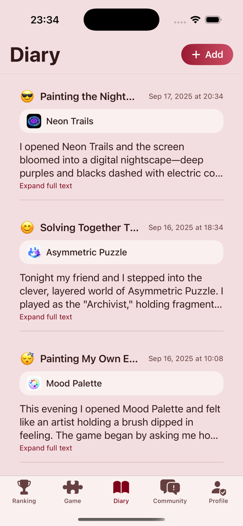 Neon TrailsやAsymmetric Puzzleなどのゲームの個人的なログが表示されている、ゲーミングダイアリーのモバイルアプリインターフェース。
