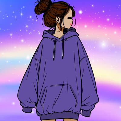 realistic girl with a oversized sweatshirt on and a bun