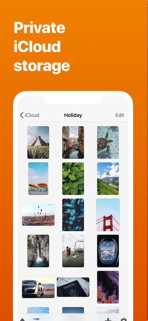 Video Safe 2 app displaying a holiday photo gallery with private iCloud storage sync feature