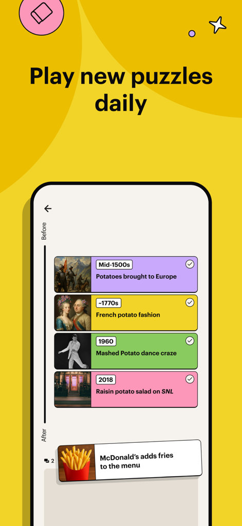 Spark: Puzzles for the Curious - A historical timeline puzzle in the Spark app featuring interesting facts about potatoes across different eras.
