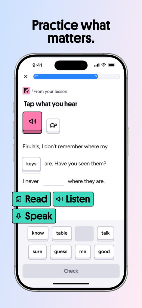 Interfaccia di un esercizio linguistico nell'app Preply per praticare le abilità di lettura, ascolto e conversazione.