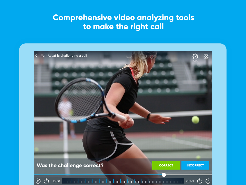 PlayFair by PlaySight - iPad screen displaying the PlayFair app with a tennis match video review for official decision making