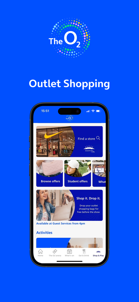 Die Benutzeroberfläche der O2 Venue App zeigt Angebote von Outlet-Shopping-Geschäften und Gepäckaufbewahrungsdienste