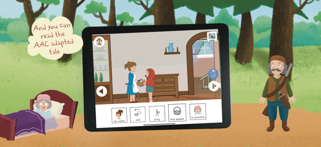 Tadà - Tablet screen showing an inclusive digital story with AAC symbols and hand painted characters