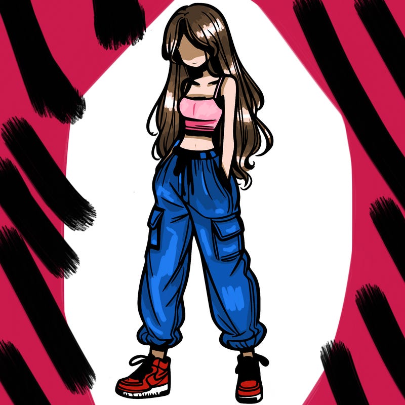 girl in baggy pants crop top and long hair