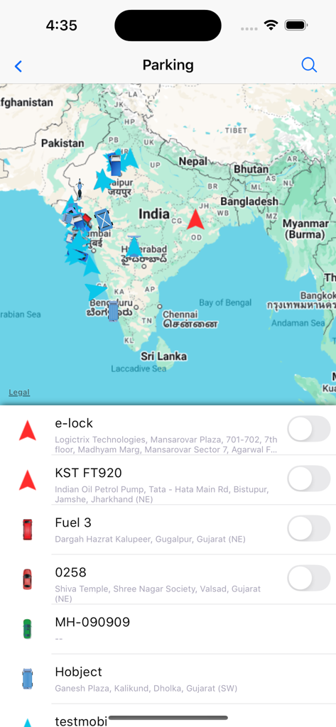 Mobitrack Pro - Mobitrack Pro app interface showing a map with live vehicle locations and a list of tracked assets like cars and trucks