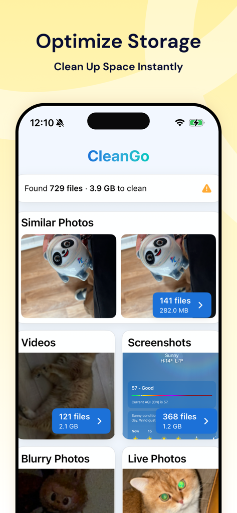 Interfaz de la aplicación CleanGo que muestra categorías de fotos, vídeos y capturas de pantalla similares para optimizar el almacenamiento del teléfono