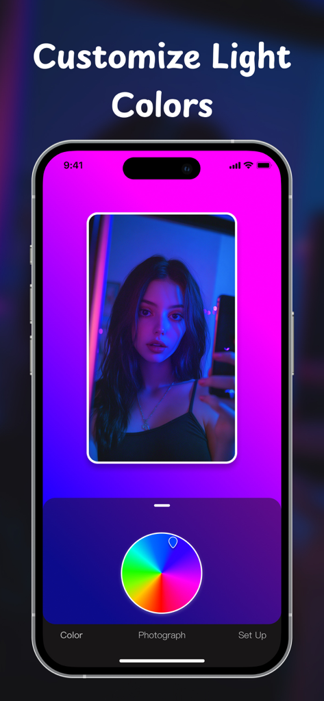 GlowCam：Selfie Light Camera - GlowCam app interface showing a color wheel to customize the screen light for a selfie