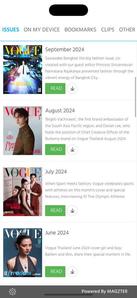 VOGUE Thailand - A mobile app screen for VOGUE Thailand showing a list of digital magazine issues with cover images and descriptions.