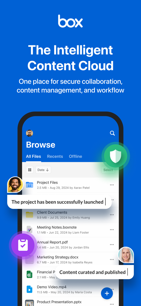 Box for EMM - Box for EMM mobile app interface displaying secure file management and team collaboration