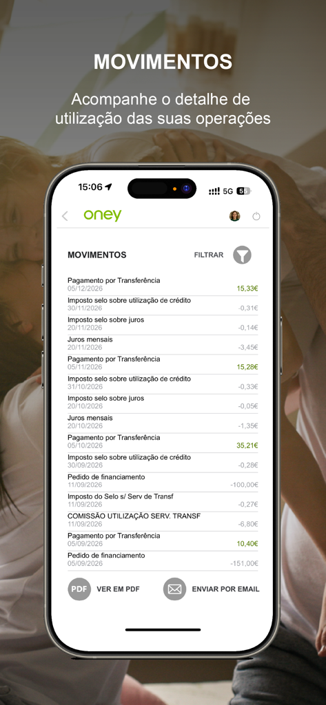 Oney Portugal - Um smartphone exibindo a tela de histórico de transações no aplicativo Oney Portugal com uma lista de movimentos financeiros.