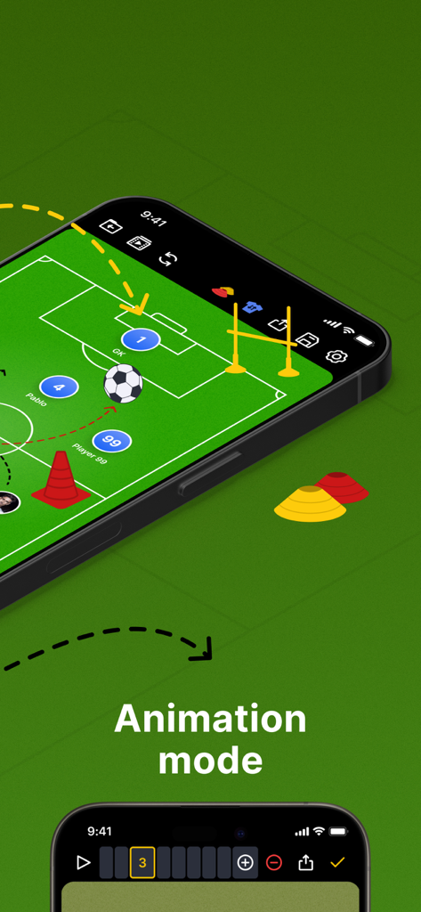 Schermata di uno smartphone che mostra la modalità di animazione dell'app Coach Tactic Board con un campo da calcio, giocatori e coni di allenamento