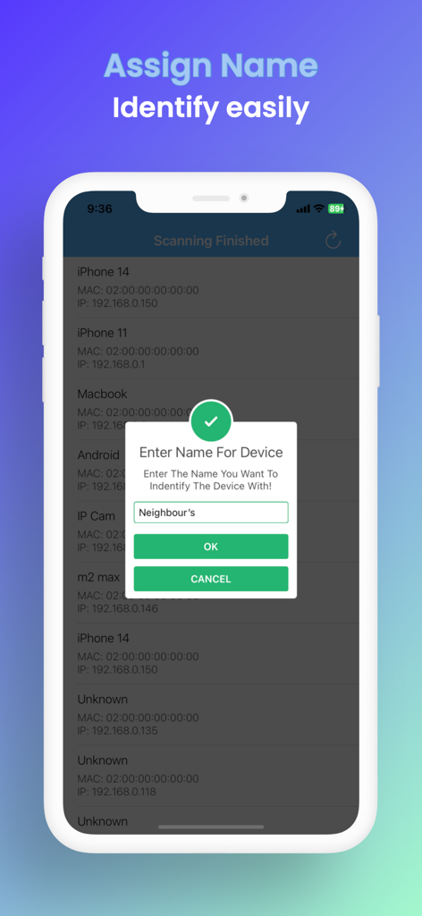 Écran affichant l'option permettant d'attribuer un nom personnalisé à un appareil connecté au réseau WiFi