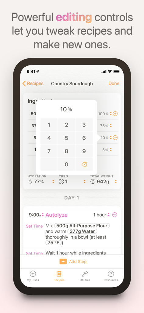 Rise: Baking & Bread Recipes - Interface of the Rise baking app showing precision editing controls for a sourdough recipe