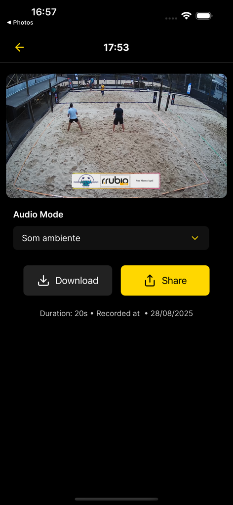 Smash Live - Video replay of a beach tennis match in the Smash Live app with share and download options
