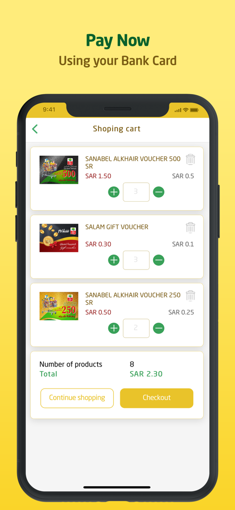 Iktissab - اكتساب - Iktissab App Einkaufswagen mit digitalen Geschenkgutscheinen und Gesamtbetrag der Kasse
