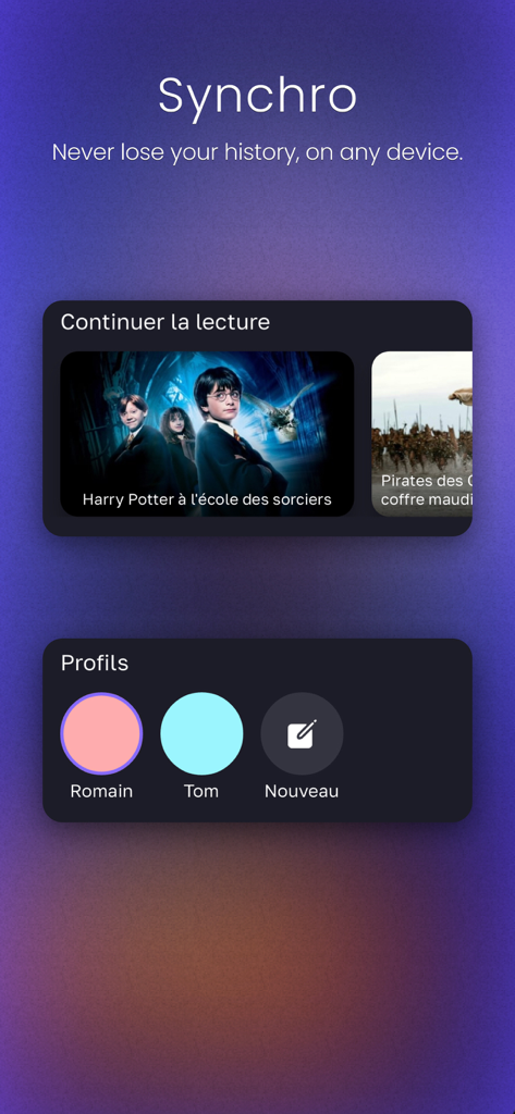 Zen IPTV Player - Zen IPTV Player app screen showing cross-device synchronization, continue watching feature, and user profile management.