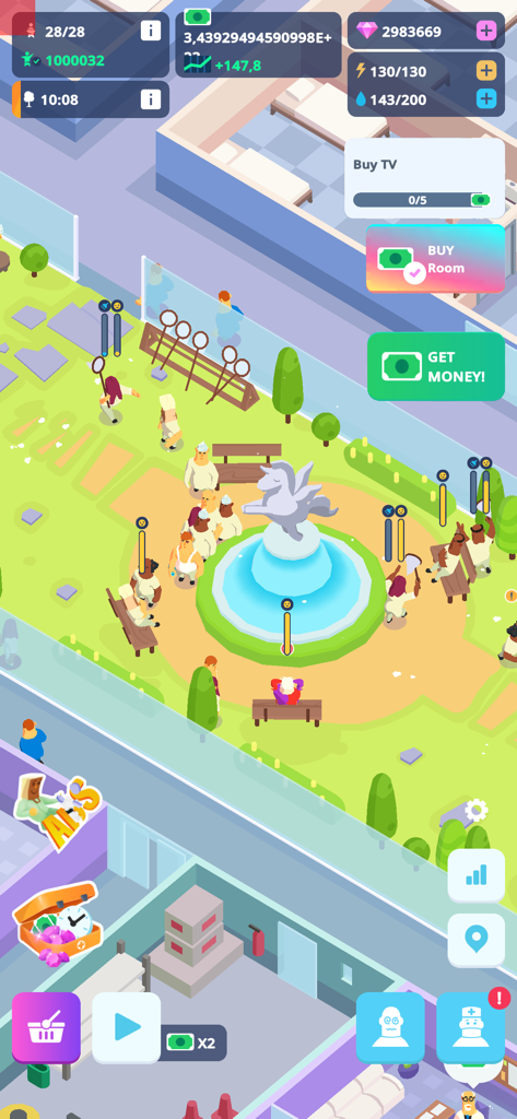 Gameplay screen of Idle Mental Hospital Tycoon showing a courtyard with a fountain and patients.