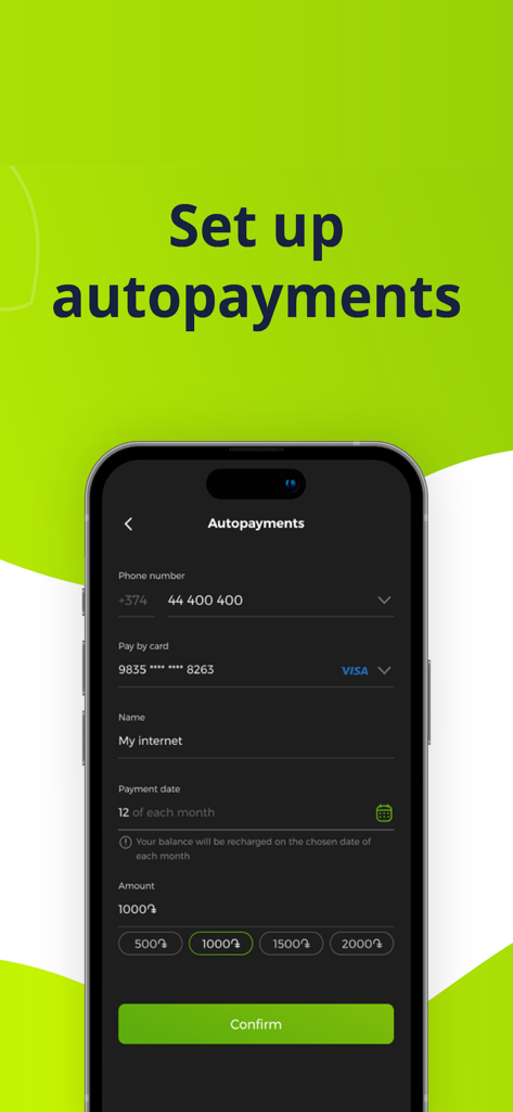 A mobile screen interface of the Ucom app showing the setup process for recurring automatic payments in dark mode.