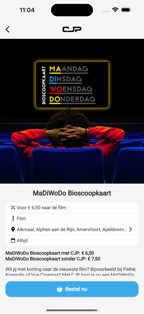 CJP - Pantalla de la aplicación CJP que muestra un descuento en entradas de cine para los lunes a jueves.