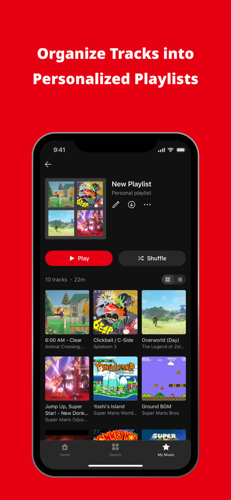 Nintendo Music app screen showing a personalized playlist of video game tracks