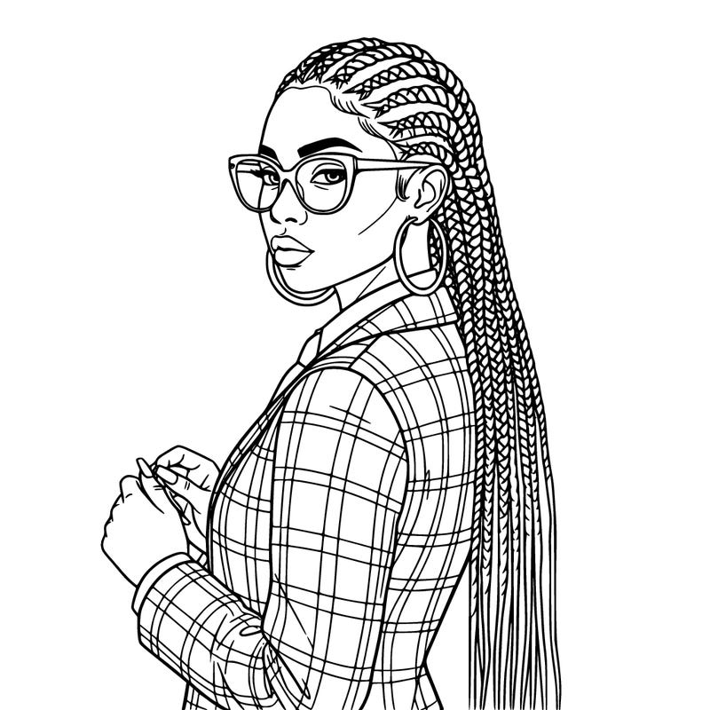 african american woman with an interesting pattern of cornrows with long braids. it's a close-up of her with no background. she is wearing a funky plaid suit with a tie and large hoop earrings, and large stylish glasses. she has really long square nails.