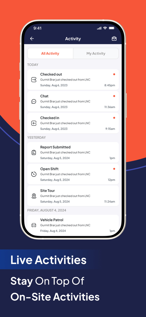 GuardsPro Security Guard App - GuardsPro security guard app screen showing live activity feed for check-ins and site tours.