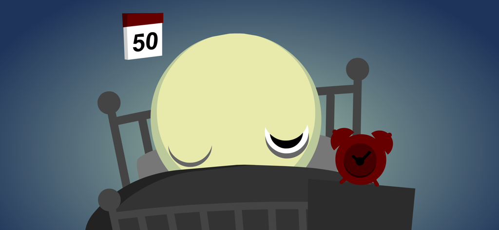 Sweet Drmzzz - A minimalist yellow character sleeping in a dark bed next to a red alarm clock with a level 50 indicator