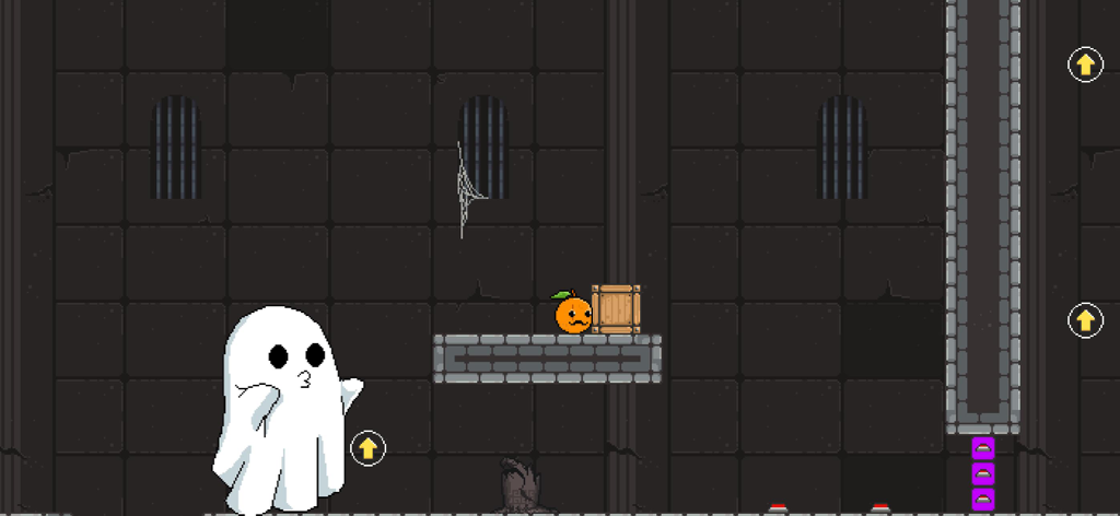 Orange Family - Father Orange character facing a large ghost in a dark castle level