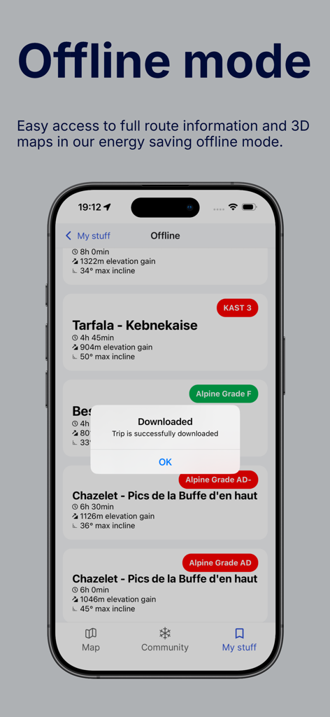 Skida: Alpine Adventures - Skida app interface showing a list of downloaded ski routes and terrain statistics in offline mode.