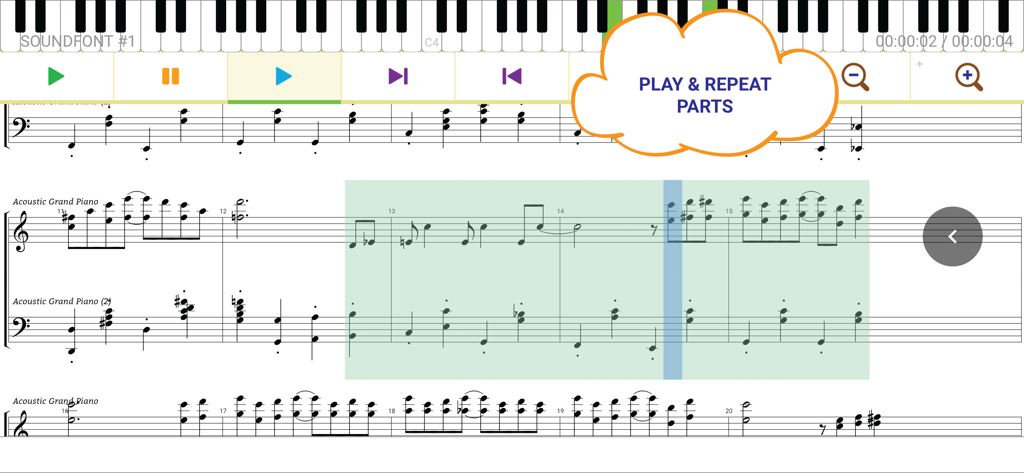 Maestro - Music Composer - Interface of the Maestro music composer app highlighting the play and repeat parts feature on a digital sheet music score