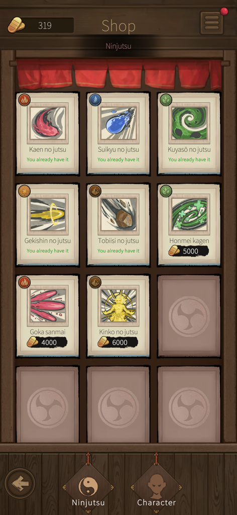 Ninja Sekai - A interface da loja de ninjutsu no Ninja Sekai mostrando várias habilidades elementais e seus custos em ouro