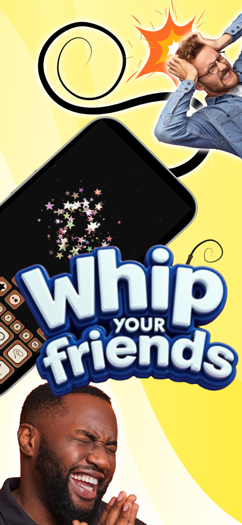 Big Bang Whip: Pocket Whip - A promotional screen for Big Bang Whip showing two men in a humorous scenario with the text Whip Your Friends