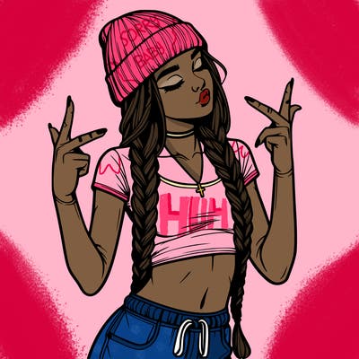 realistic teenage girl with braids and a beanie and crop top doing 🫶🏼