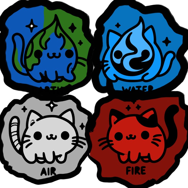 4 cats that represent the different elements, earth, water, air, and fire